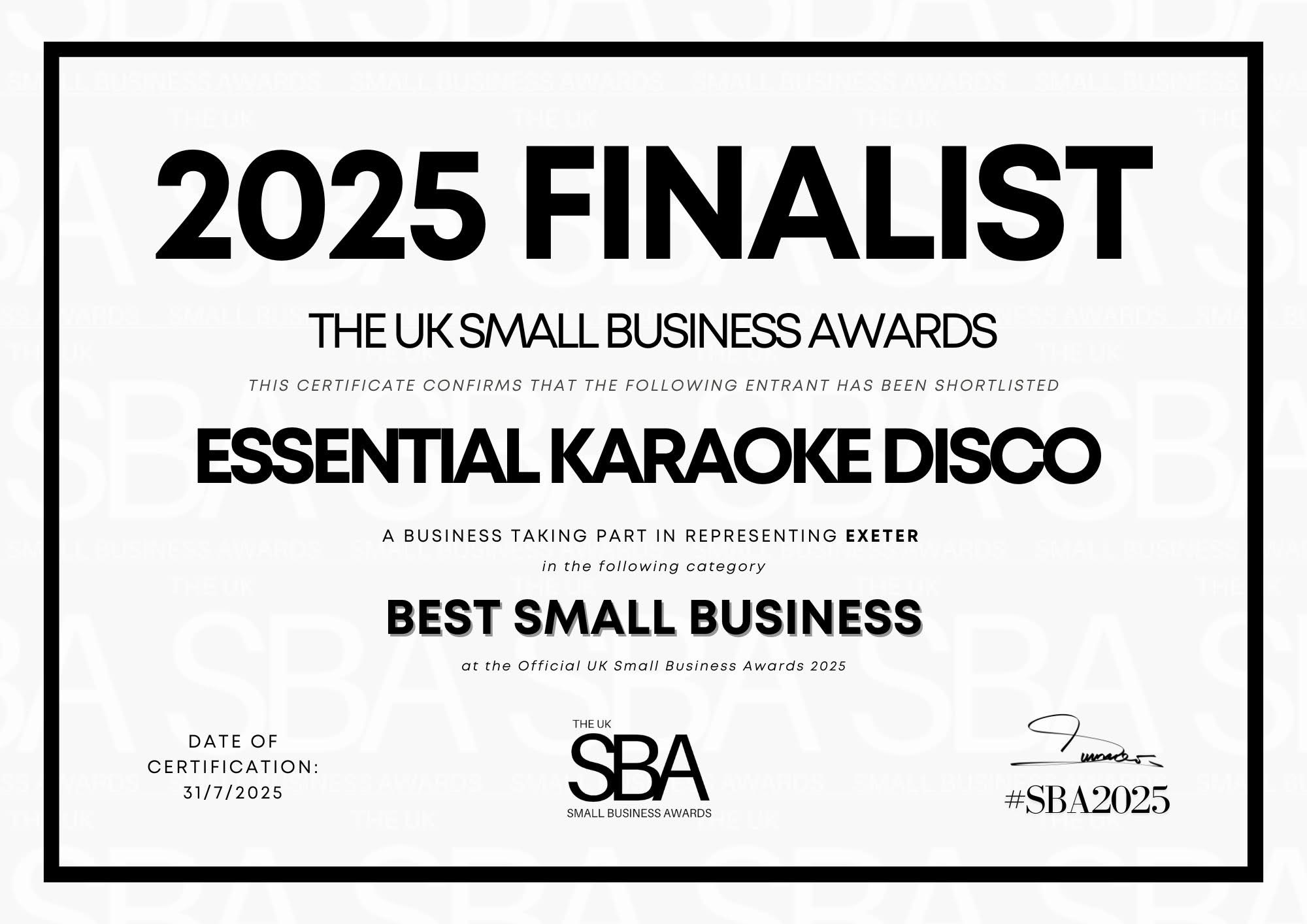Essential Karaoke Disco 2025 UK Small Business Awards Best Small Business finalist certificate
