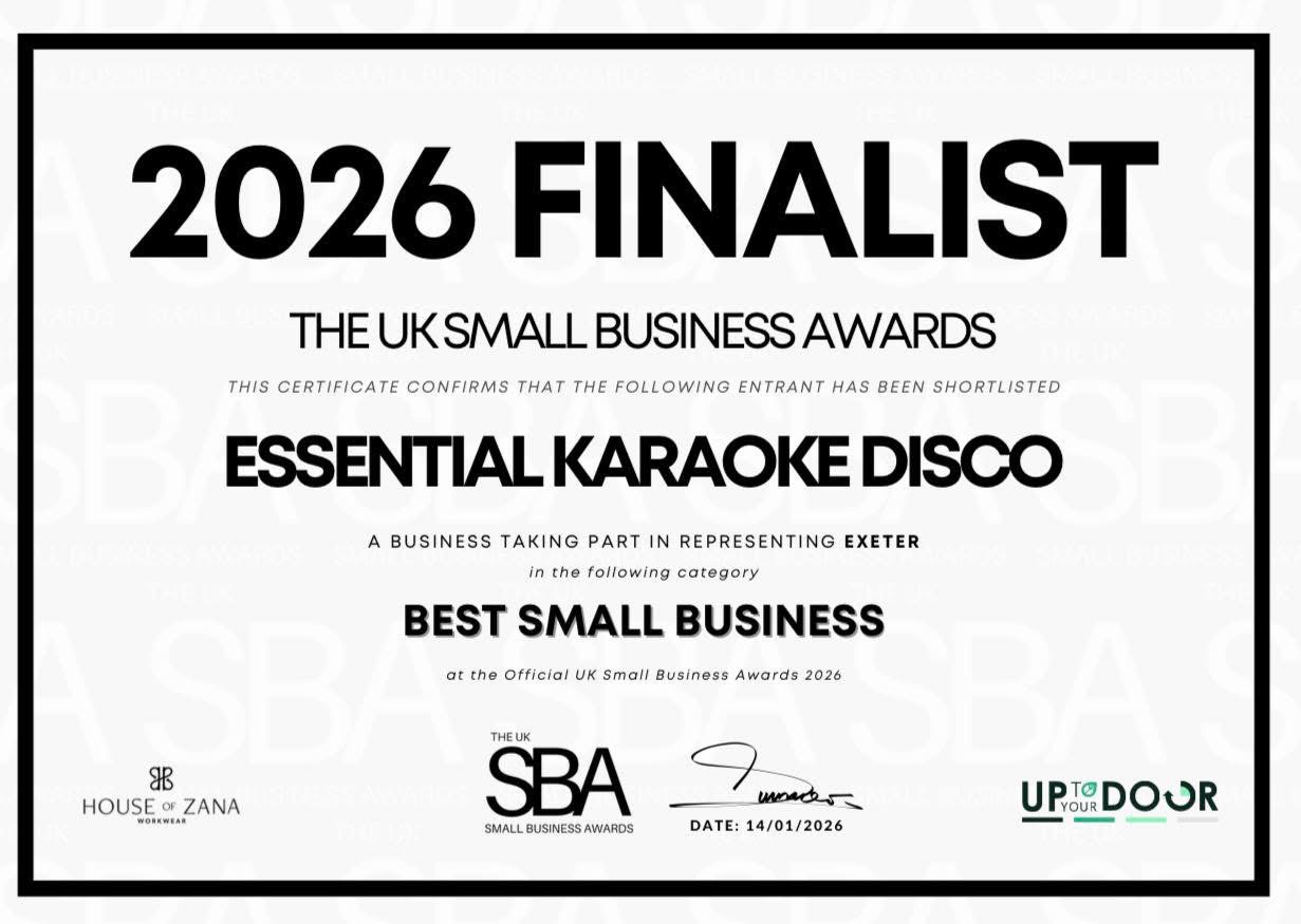 Essential Karaoke Disco 2026 UK Small Business Awards Best Small Business finalist certificate